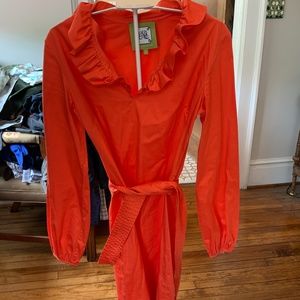 Elizabeth McKay orange-red ruffle color belted‎ dress. Retail 160
